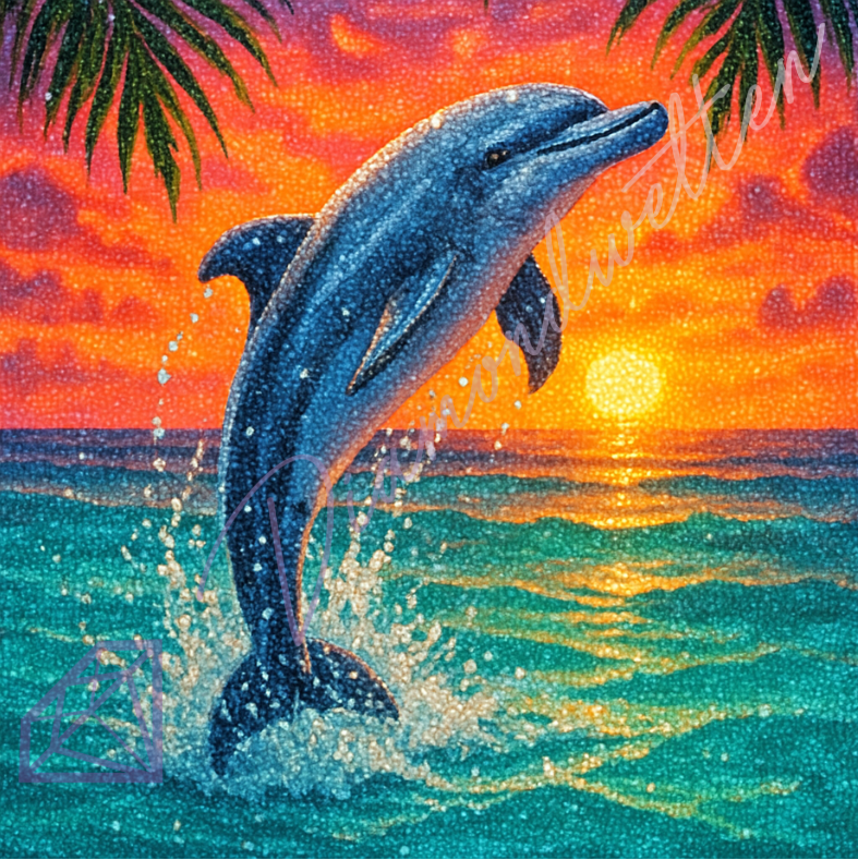 Fröhlicher Delfin springt aus dem türkisblauen Meer bei Sonnenuntergang