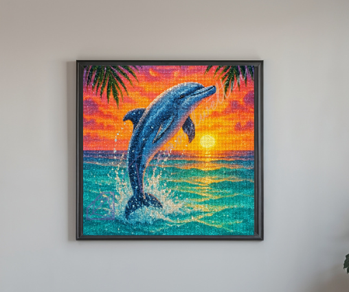 Diamond Painting Bild, Fröhlicher Delfin springt aus dem türkisblauen Meer bei Sonnenuntergang