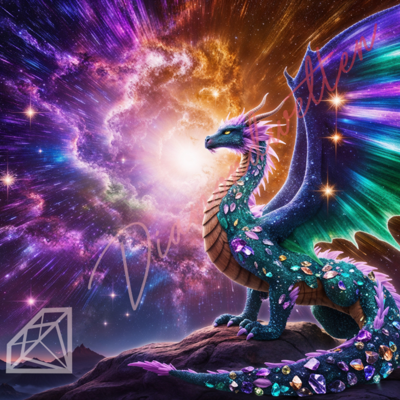 „Magischer Diamond Painting Drache mit glitzernden Edelsteinen vor galaktischem Nebel in Lila- und Goldtönen“