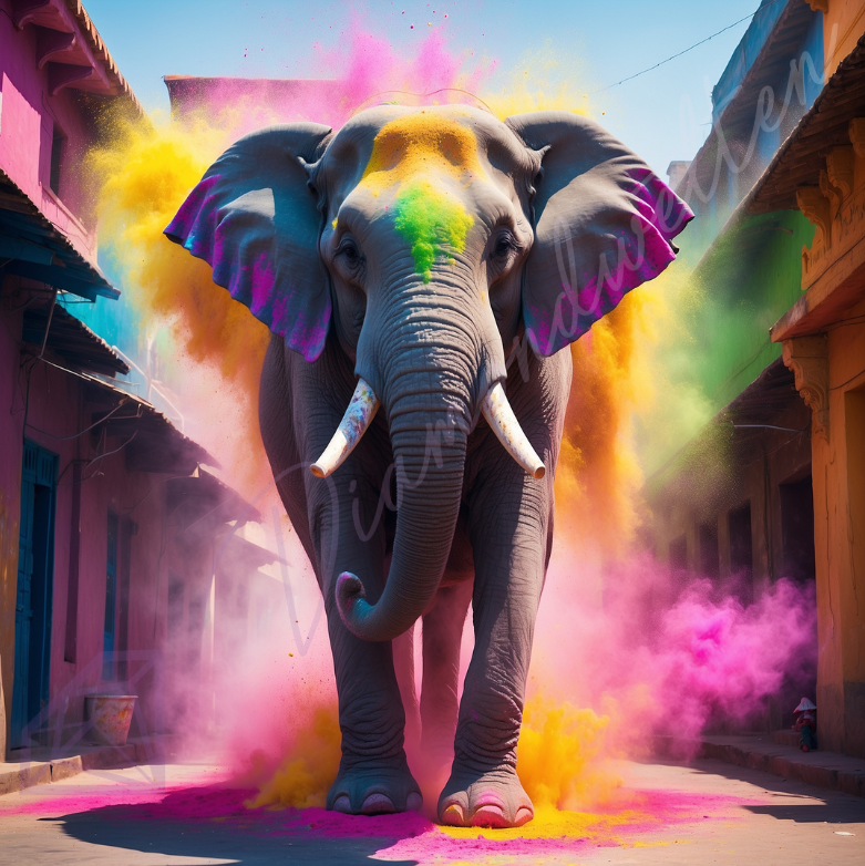 Majestätischer Elefant im Farbregen des Holi-Fests, umgeben von buntem Farbnebel in einer indischen Gasse
