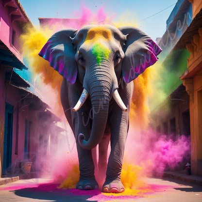 Majestätischer Elefant im Farbregen des Holi-Fests, umgeben von buntem Farbnebel in einer indischen Gasse