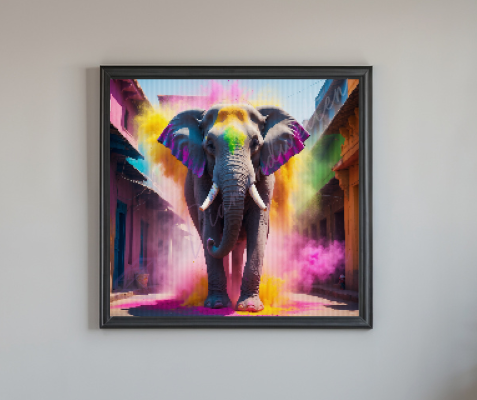 Diamond Painting Bild, Majestätischer Elefant im Farbregen des Holi-Fests, umgeben von buntem Farbnebel in einer indischen Gasse