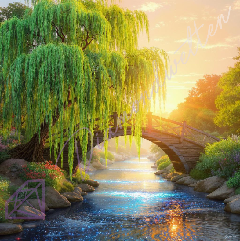 Magischer leuchtender Fluss über den ein Brücke führt die unter einer großen Weide steht