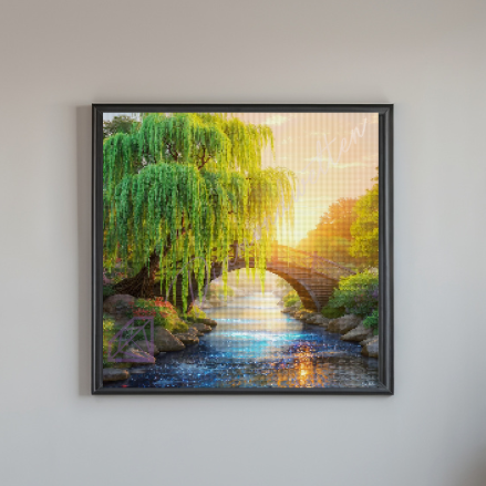 Diamond Painting Bild, Magischer leuchtender Fluss über den ein Brücke führt die unter einer großen Weide steht