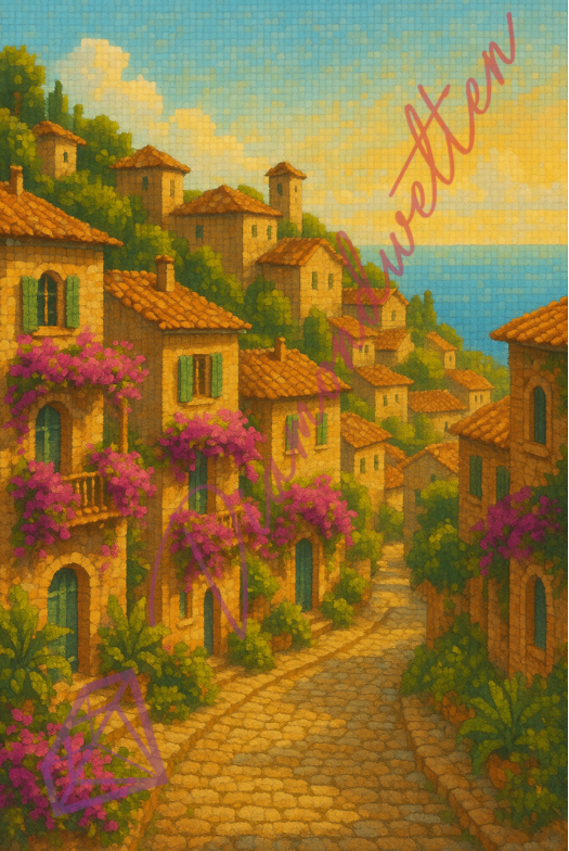 Charmantes Dorf mit mediterranen Steinhäusern, Bougainvillea und Blick aufs Meer