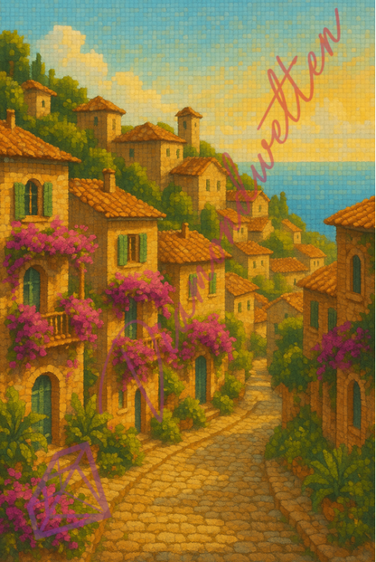 Charmantes Dorf mit mediterranen Steinhäusern, Bougainvillea und Blick aufs Meer