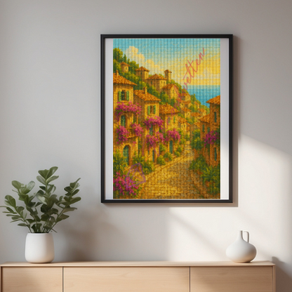 Diamond Painting Bild das eingerahmt an der Wand hängt das ein Charmantes Dorf mit mediterranen Steinhäusern, Bougainvillea und Blick aufs Meer zeigt.