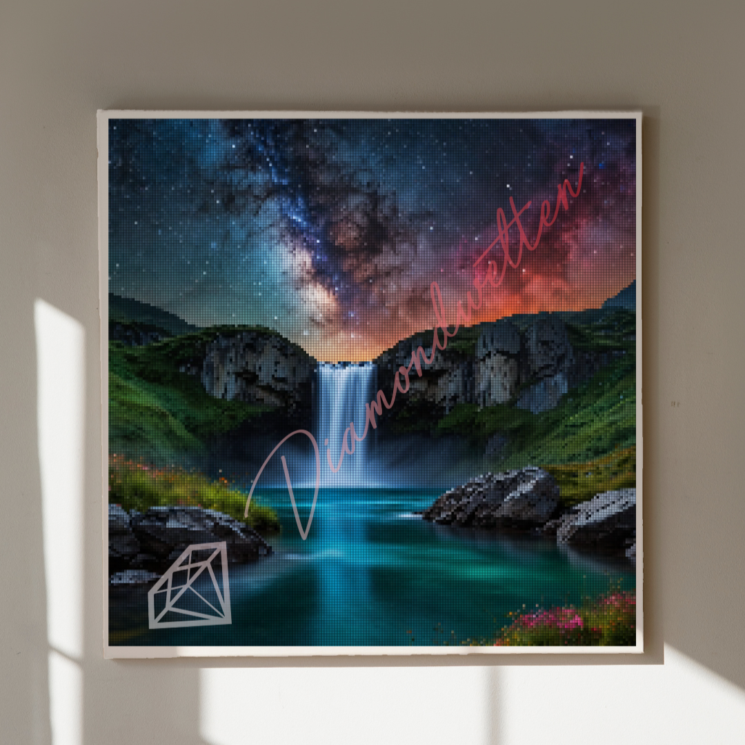 Ein Wasserfall Diamond Painting Bild über den sich die Schönheit der Galaxie erstreckt.