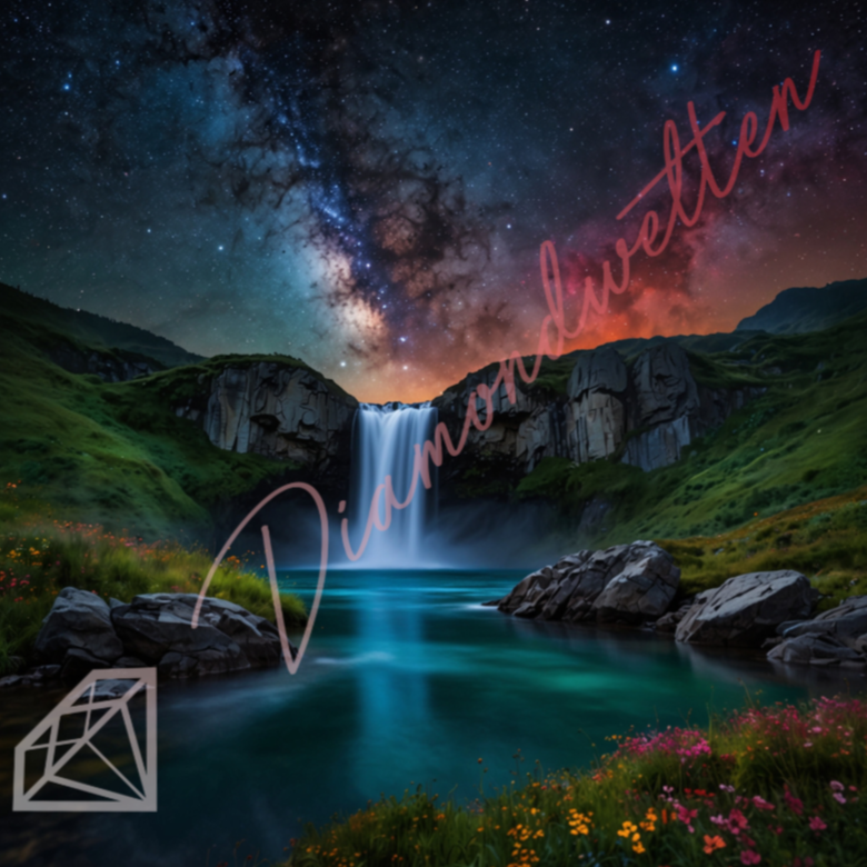 Ein Wasserfall Diamond Painting Bild über den sich die Schönheit der Galaxie erstreckt.