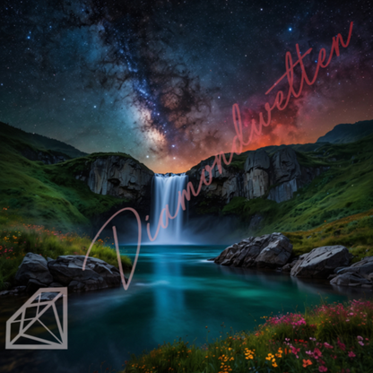 Ein Wasserfall Diamond Painting Bild über den sich die Schönheit der Galaxie erstreckt.